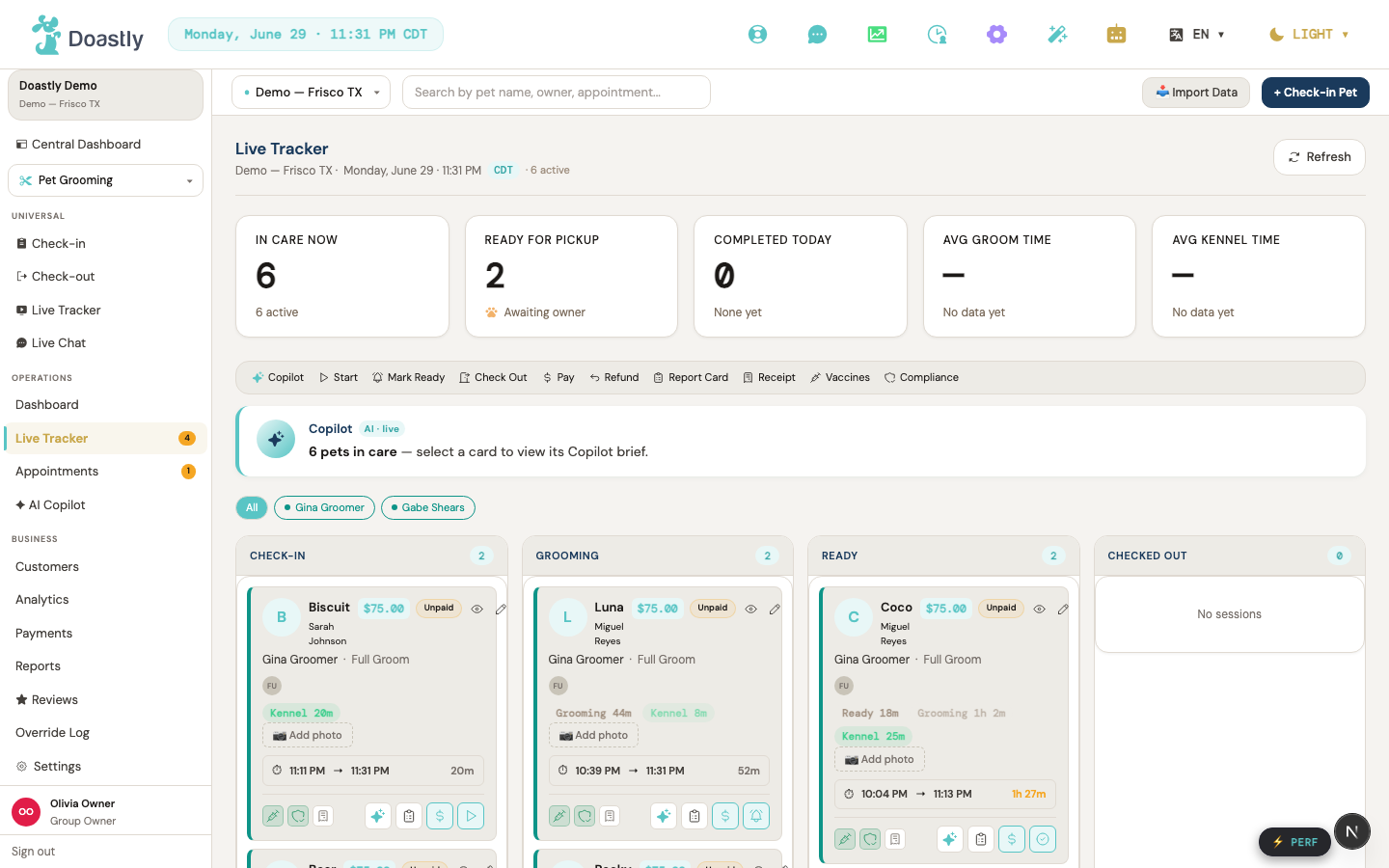 The owner's navigation panel — grouped by everyday actions, operations, and business