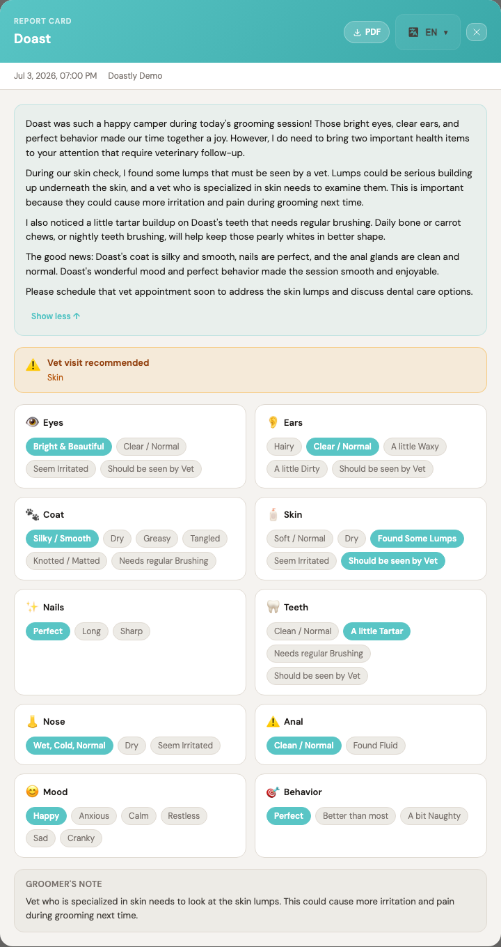 Doast's report card as the pet parent receives it — the AI narrative surfacing the vet concern above the positives