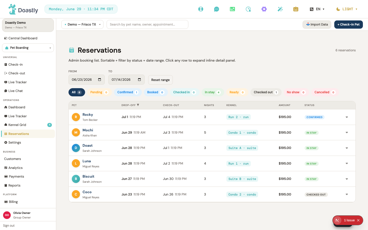 Boarding reservations — stays booked across date ranges