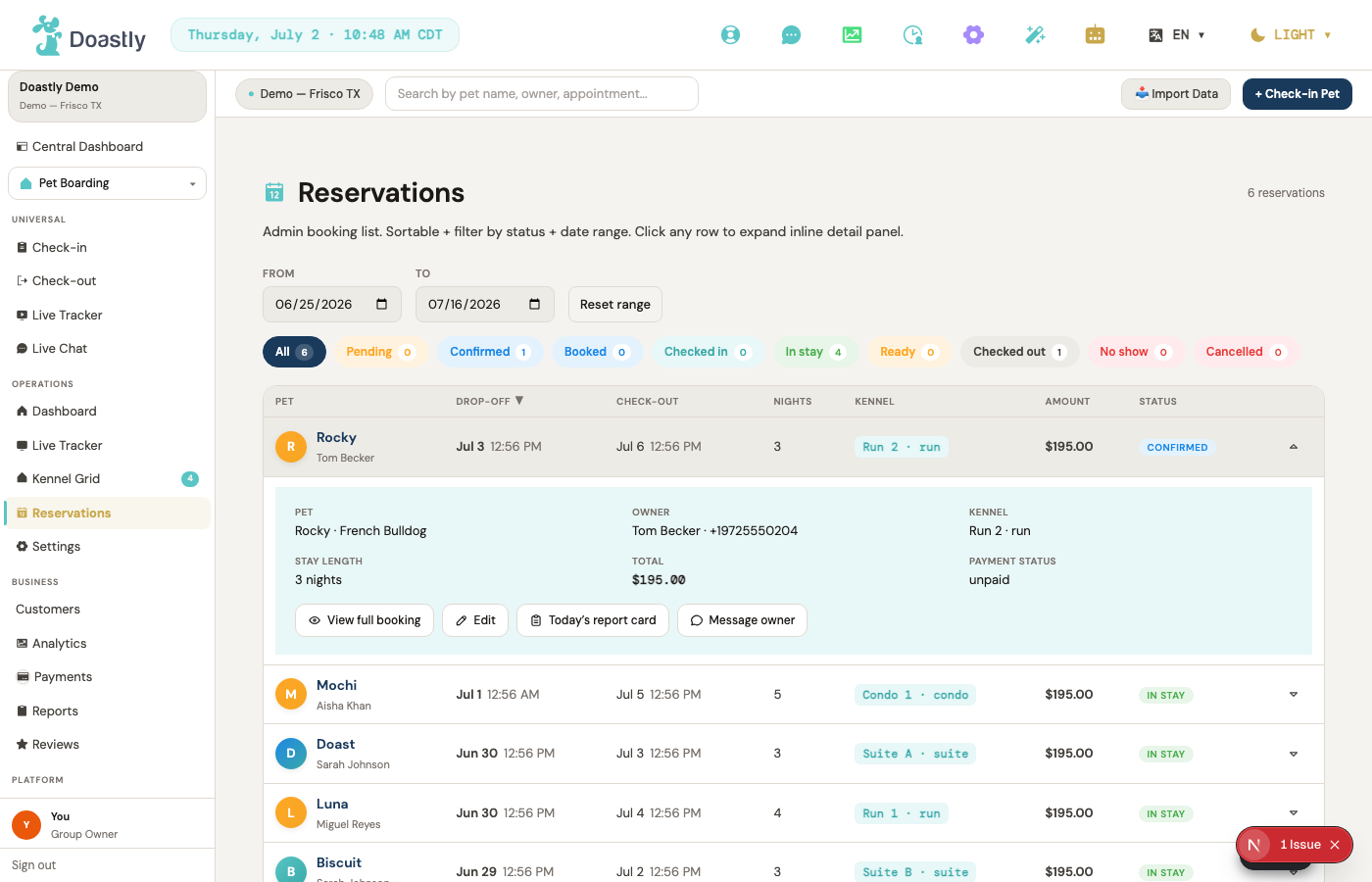 A boarding stay in detail — kennel, feeding schedule, and daily care