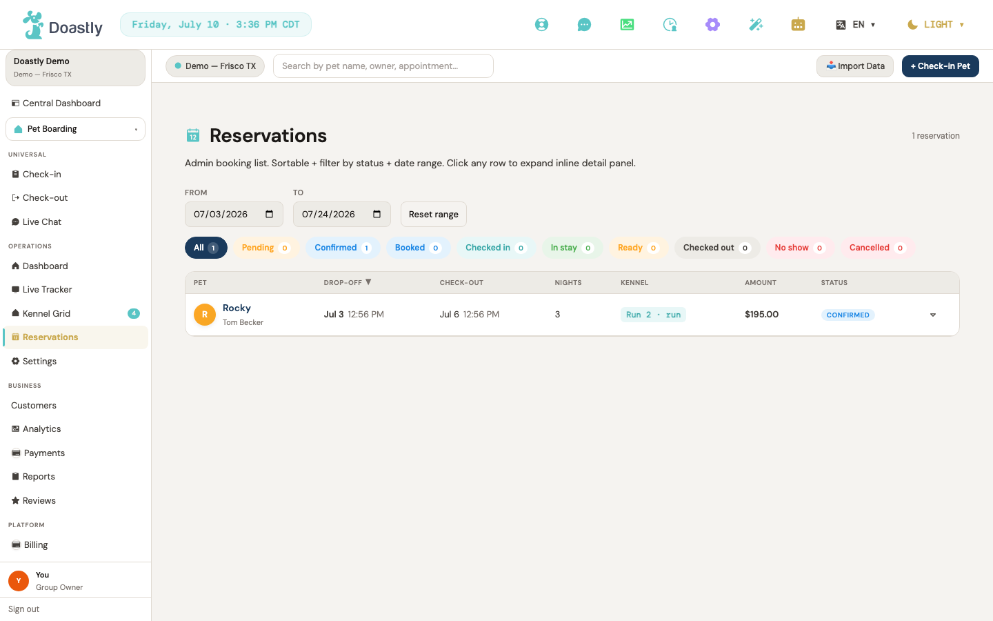 Reservations calendar