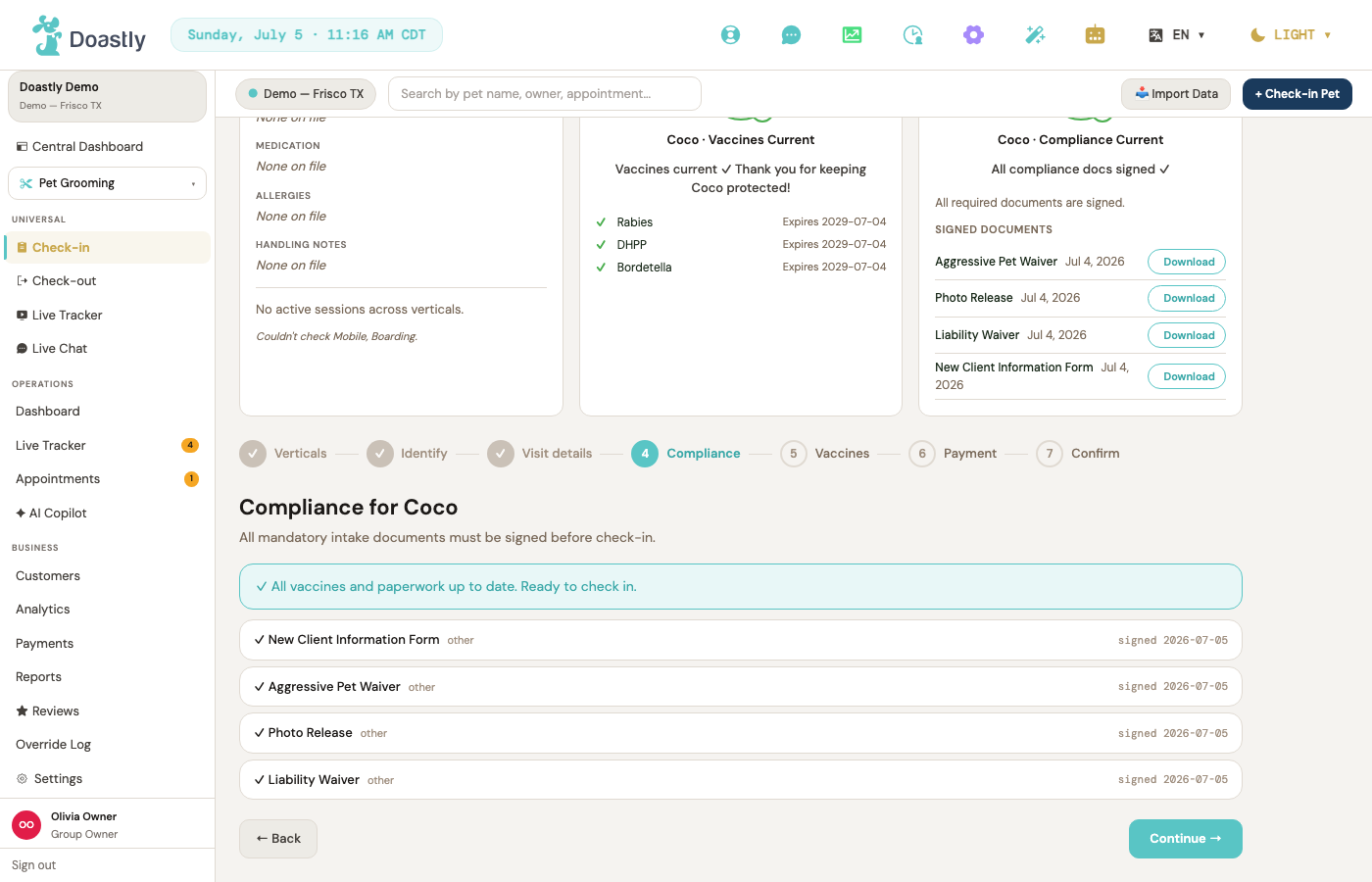 Compliance — the required documents checked at check-in