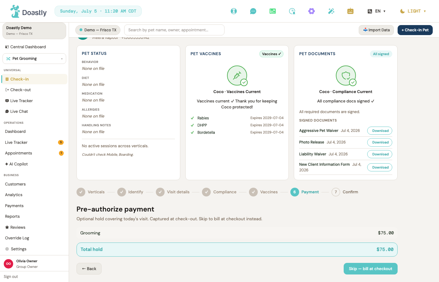 Payment — any deposit or pre-authorization taken at check-in