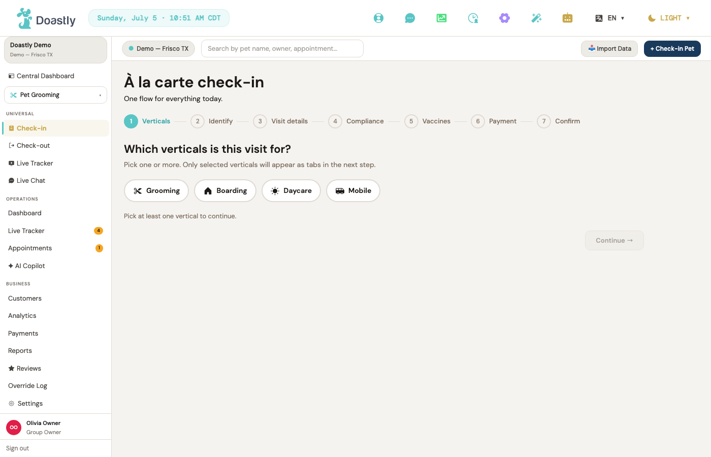 Verticals — choosing which service this visit is for