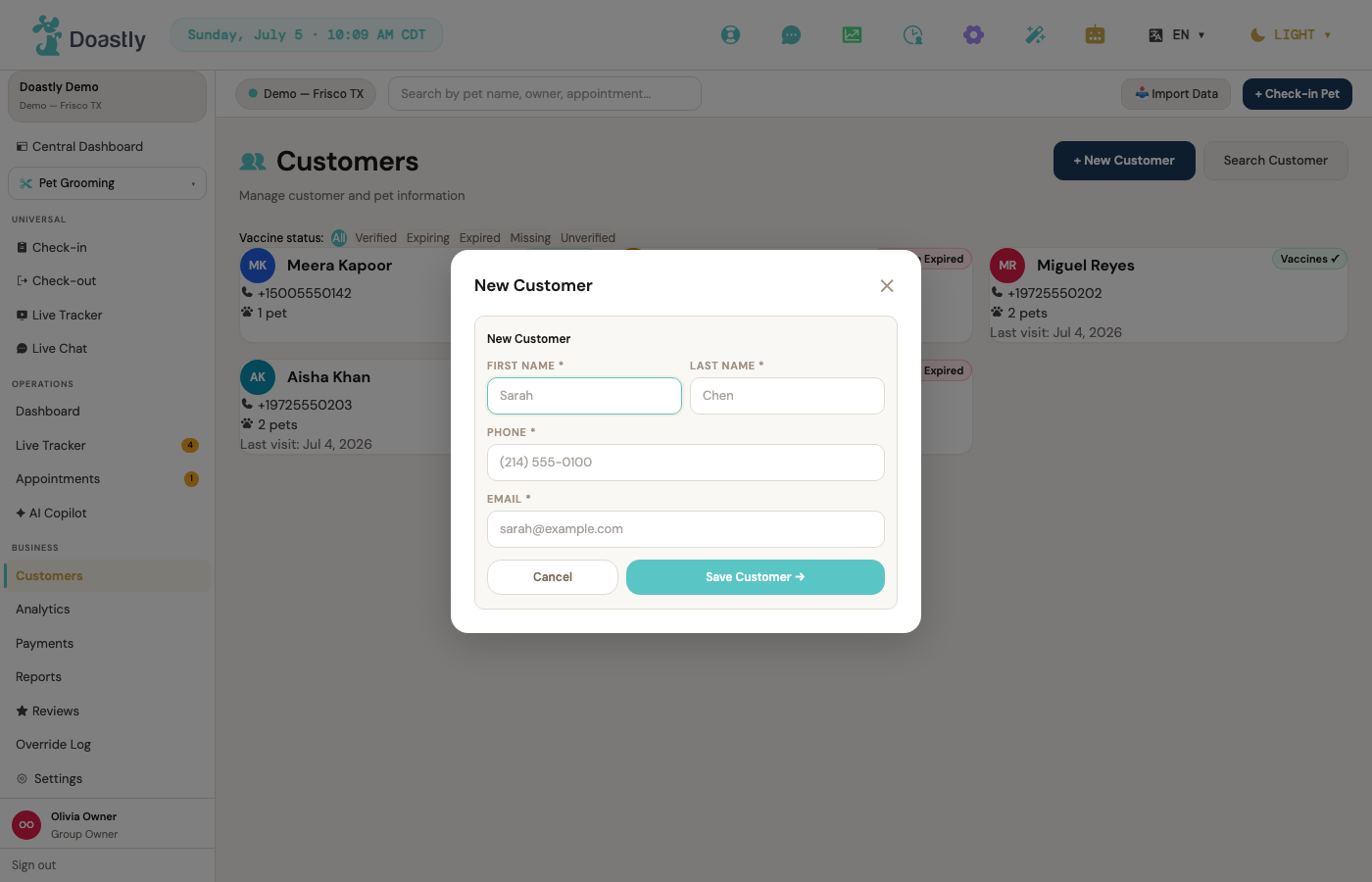 Adding the owner's details — the first part of the create form