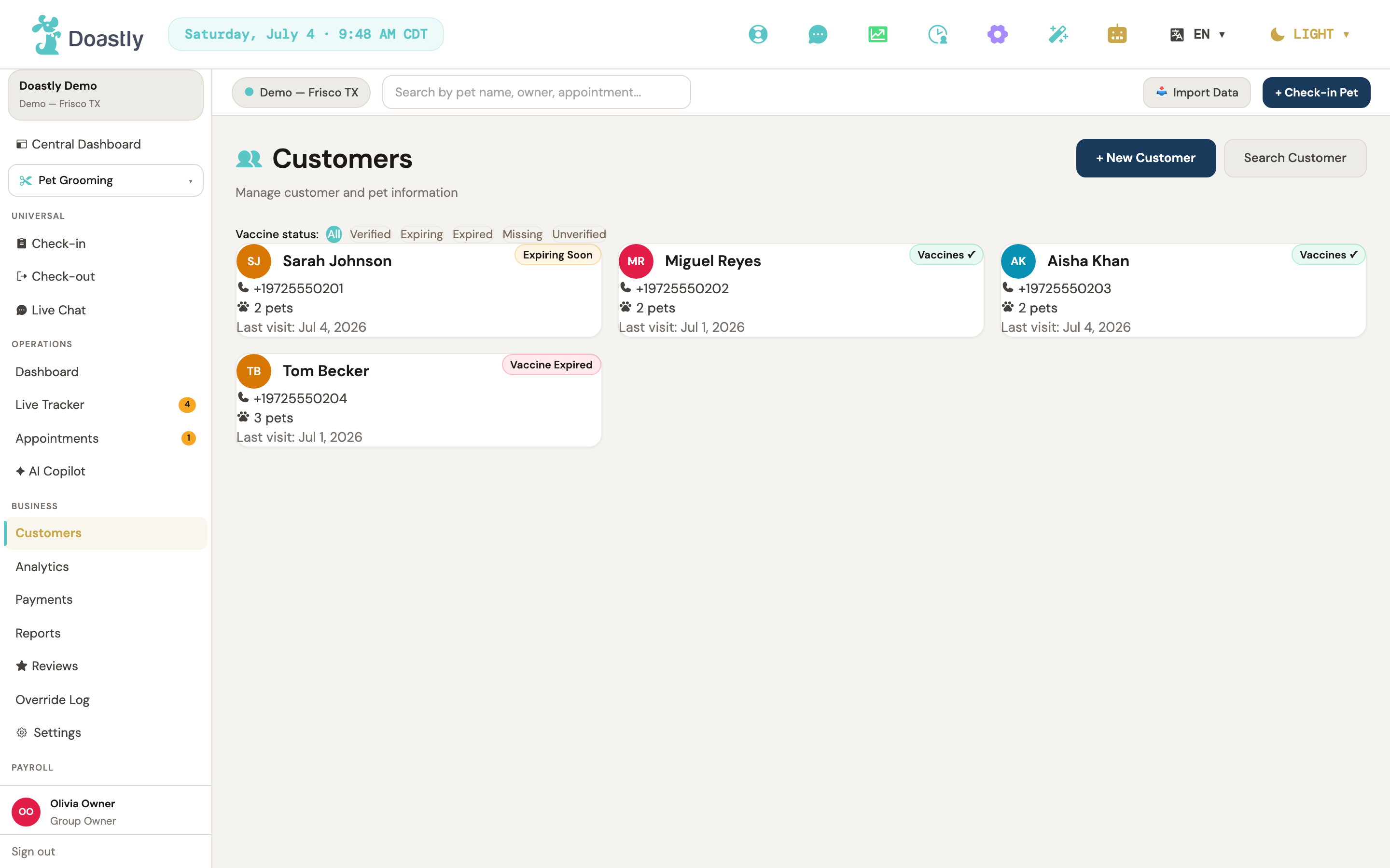 The Customers page — the salon's directory of everyone it serves