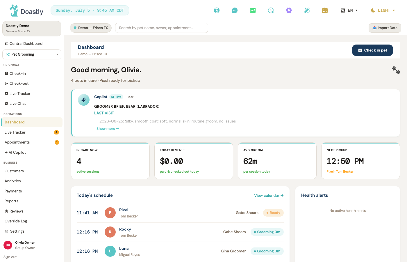 The owner's Central Dashboard — the first screen after signing in
