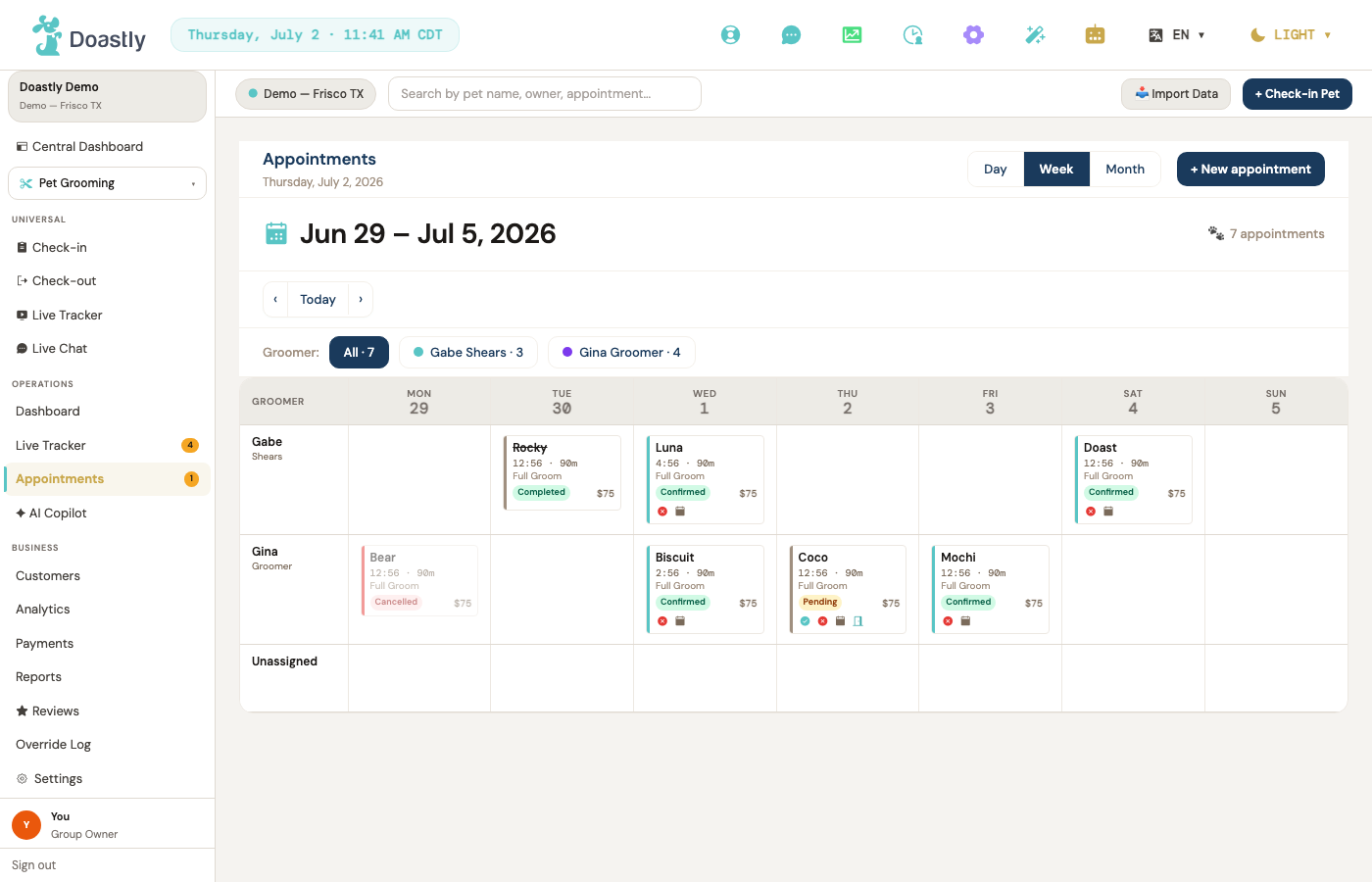 The appointments calendar — the week ahead at a glance