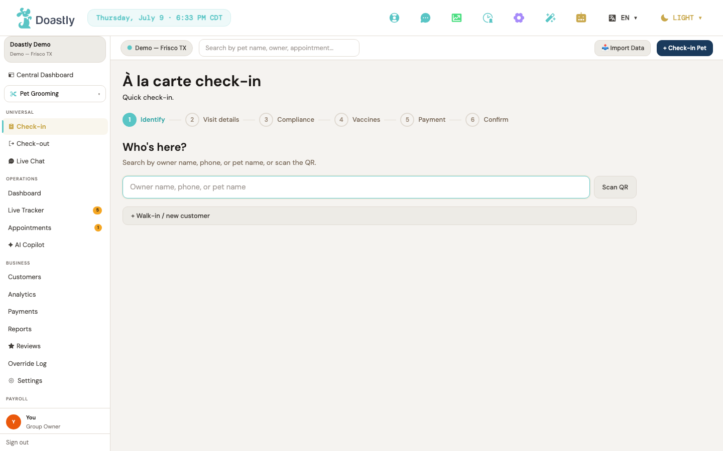 Check-in — the à-la-carte flow