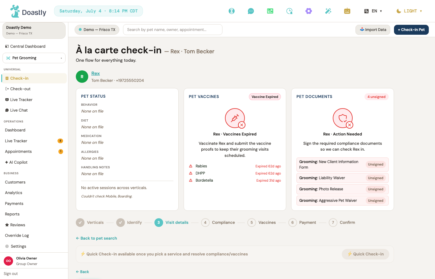 The vaccine gate blocking a check-in — Rex's vaccines are all expired