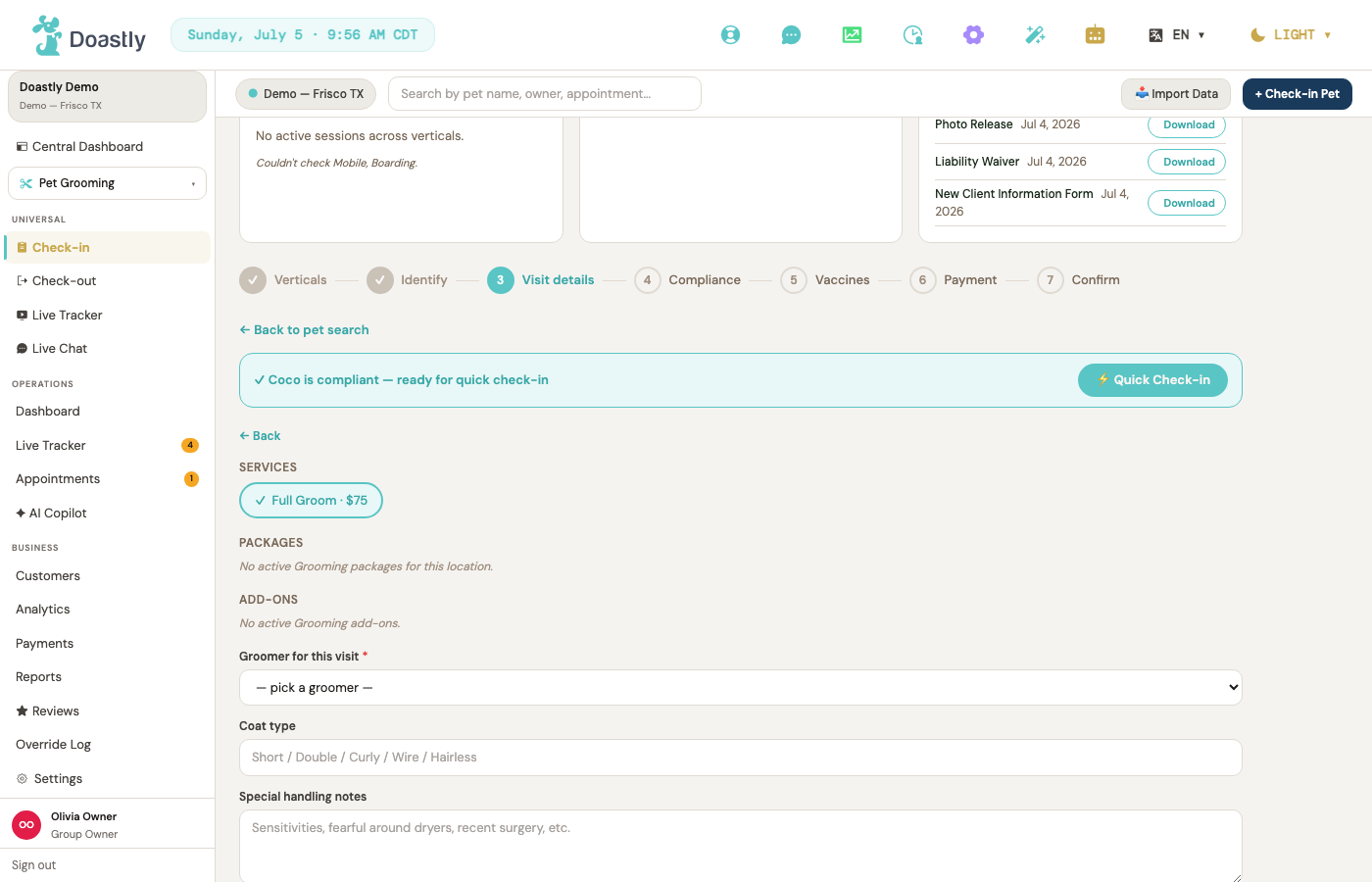 The vaccine gate clearing a check-in — Coco's vaccines are all current