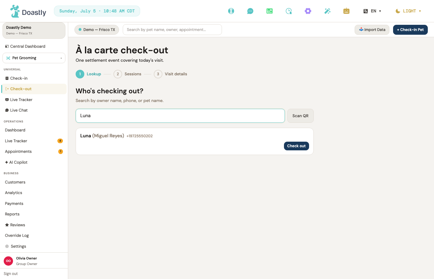Checkout — finding the pet or owner who is leaving