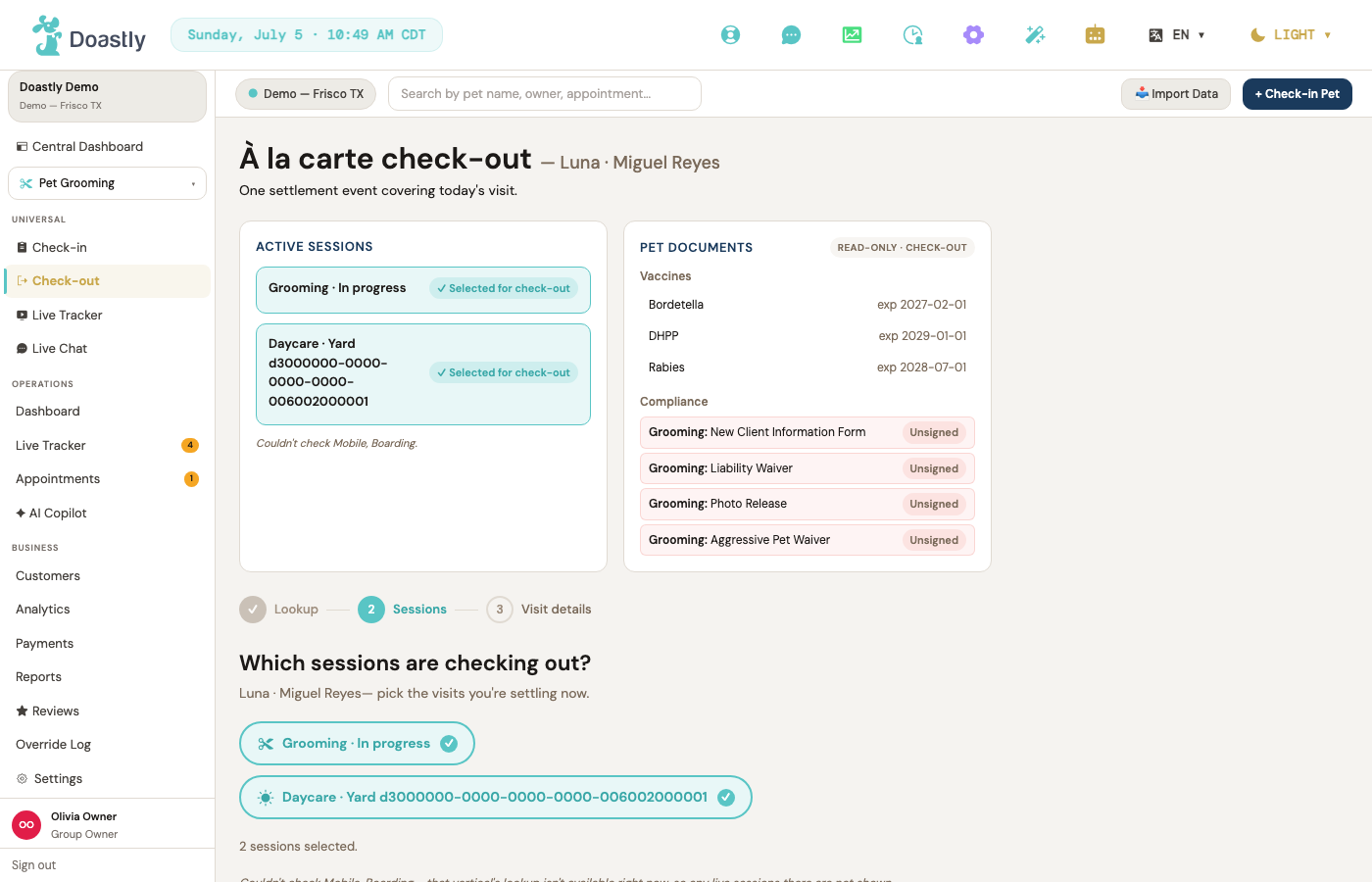 Checkout — the visit's services and total before payment