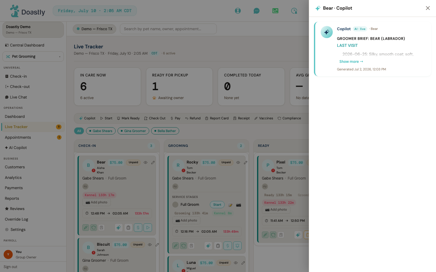 Copilot side drawer — live AI groomer brief