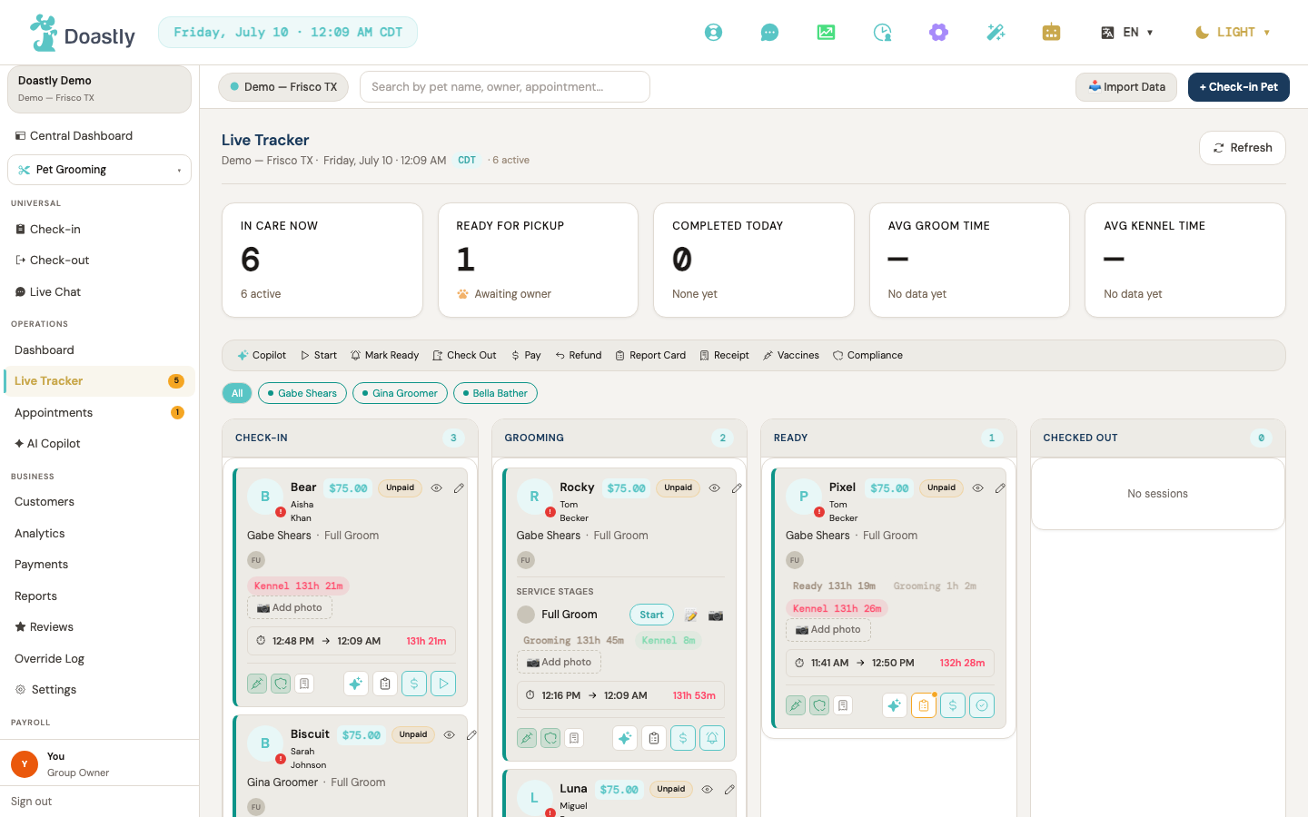 Live Tracker — the four-column status board