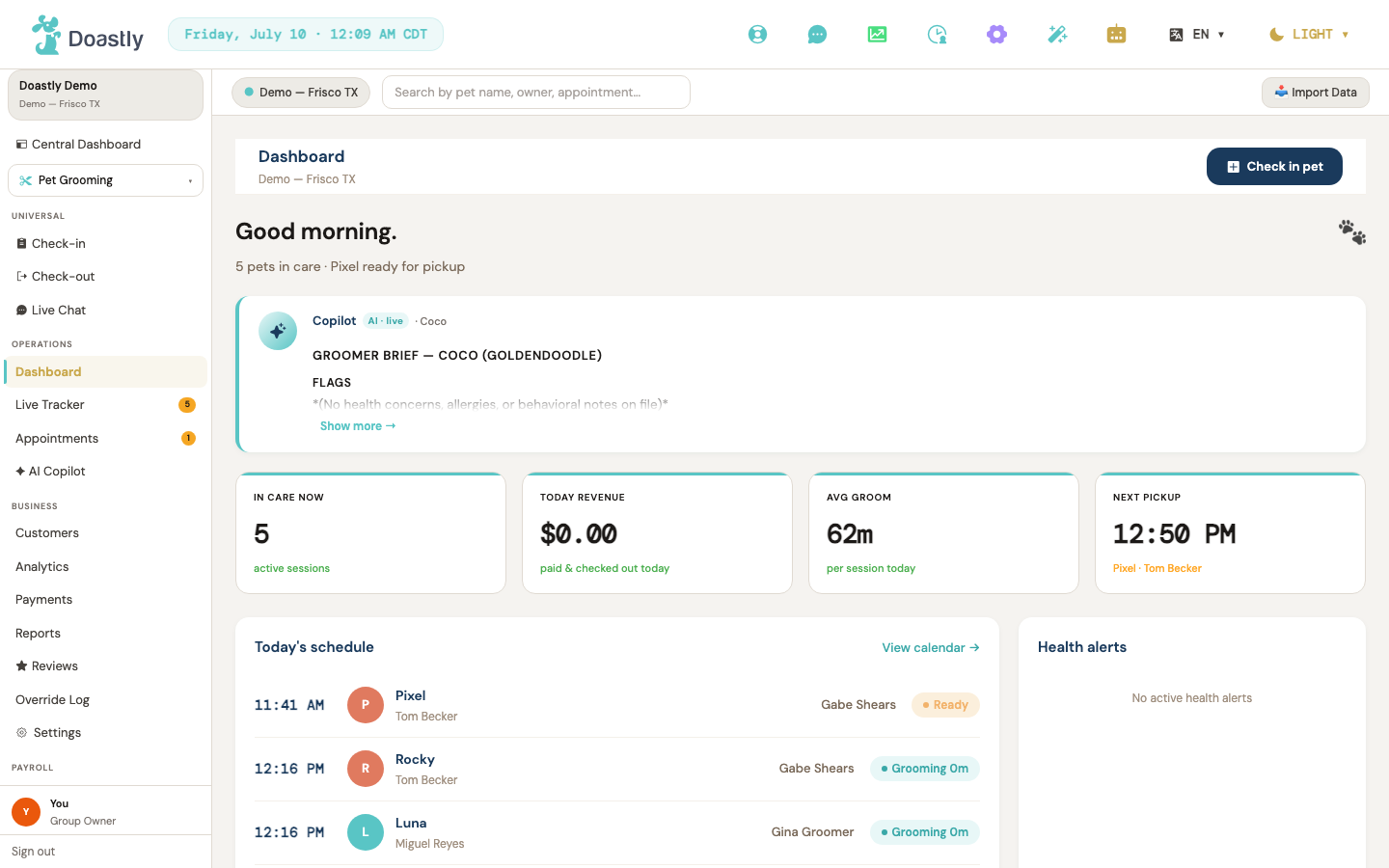 Global chrome — top bar + sidebar (on the Owner Dashboard)