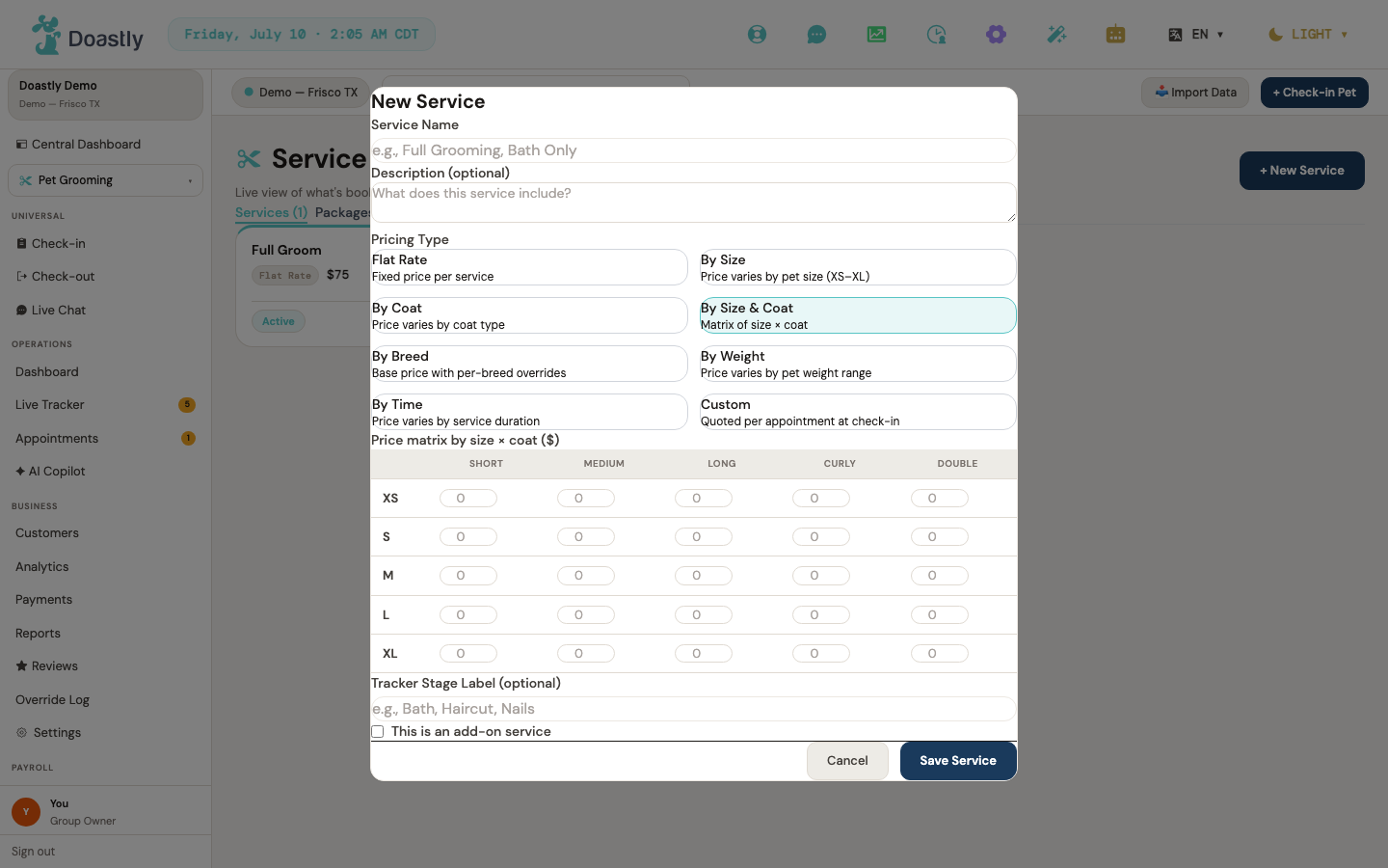 Pricing model — By Size &amp; Coat
