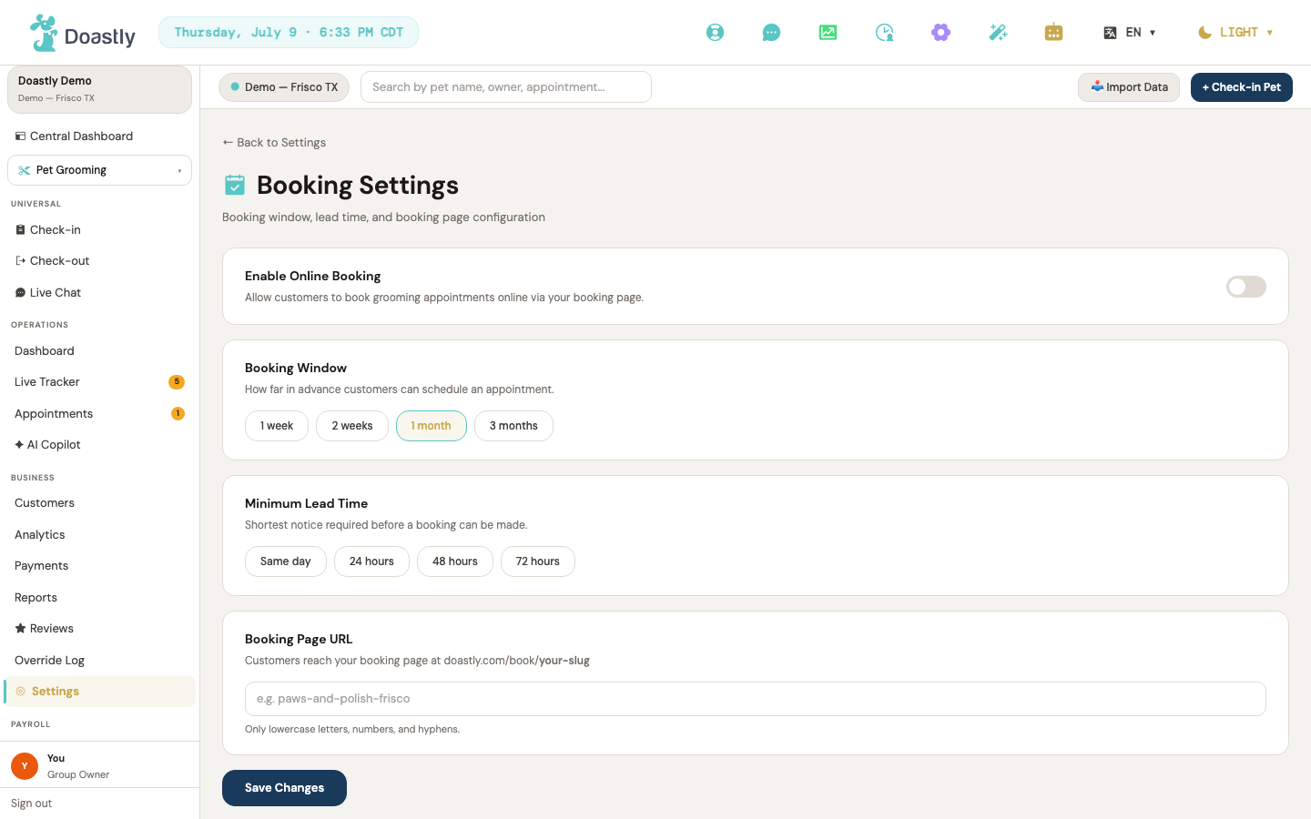 Booking settings