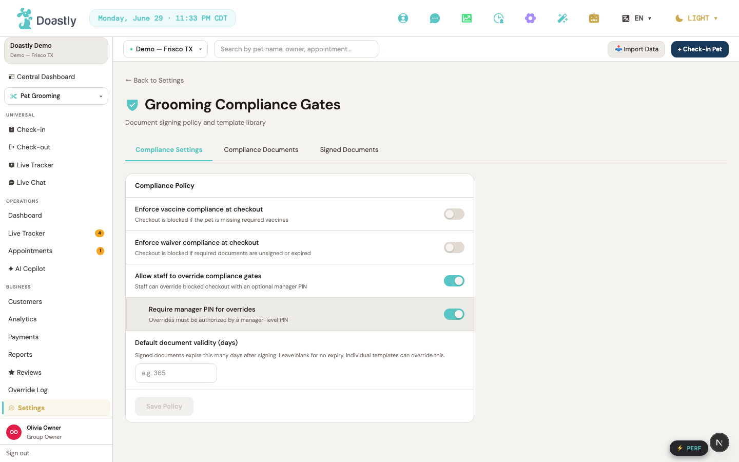 Compliance settings — the vaccine gate and waiver rules that govern check-in