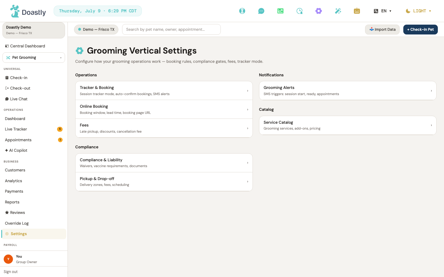 Grooming Settings — hub