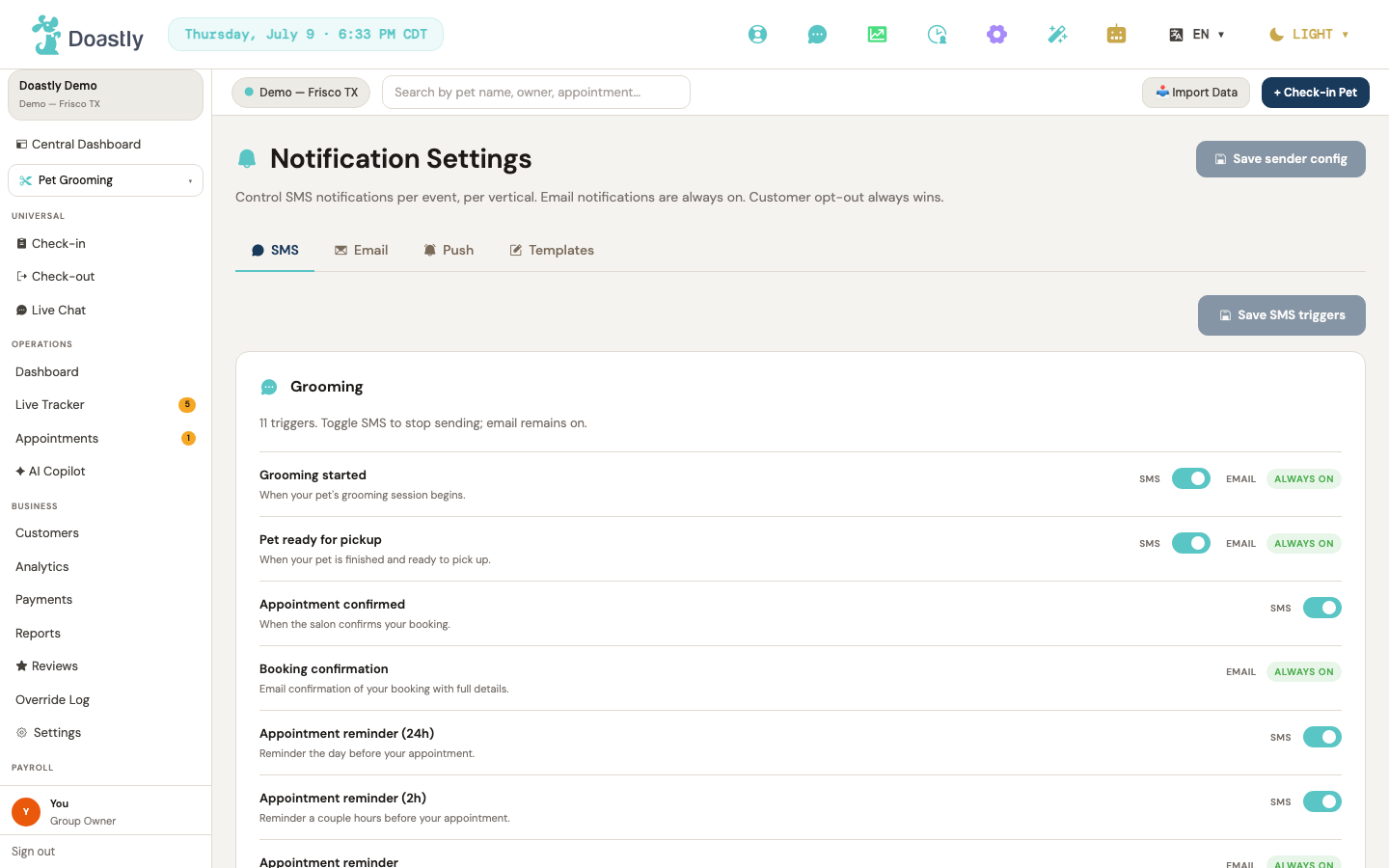 Grooming alerts (SMS/notifications)