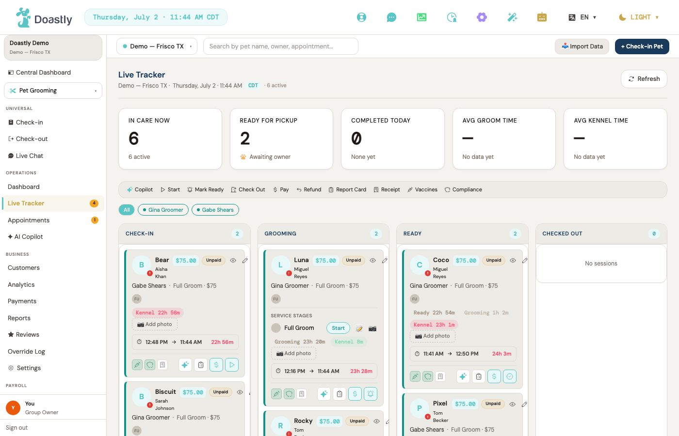Detailed tracker mode — each service stage shown as it happens
