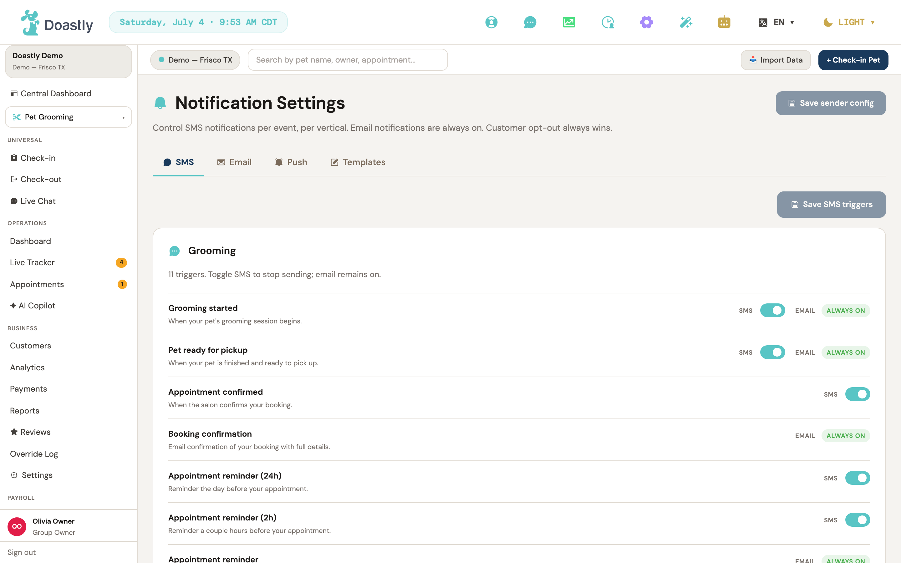 Notification settings — turning each customer message type on or off