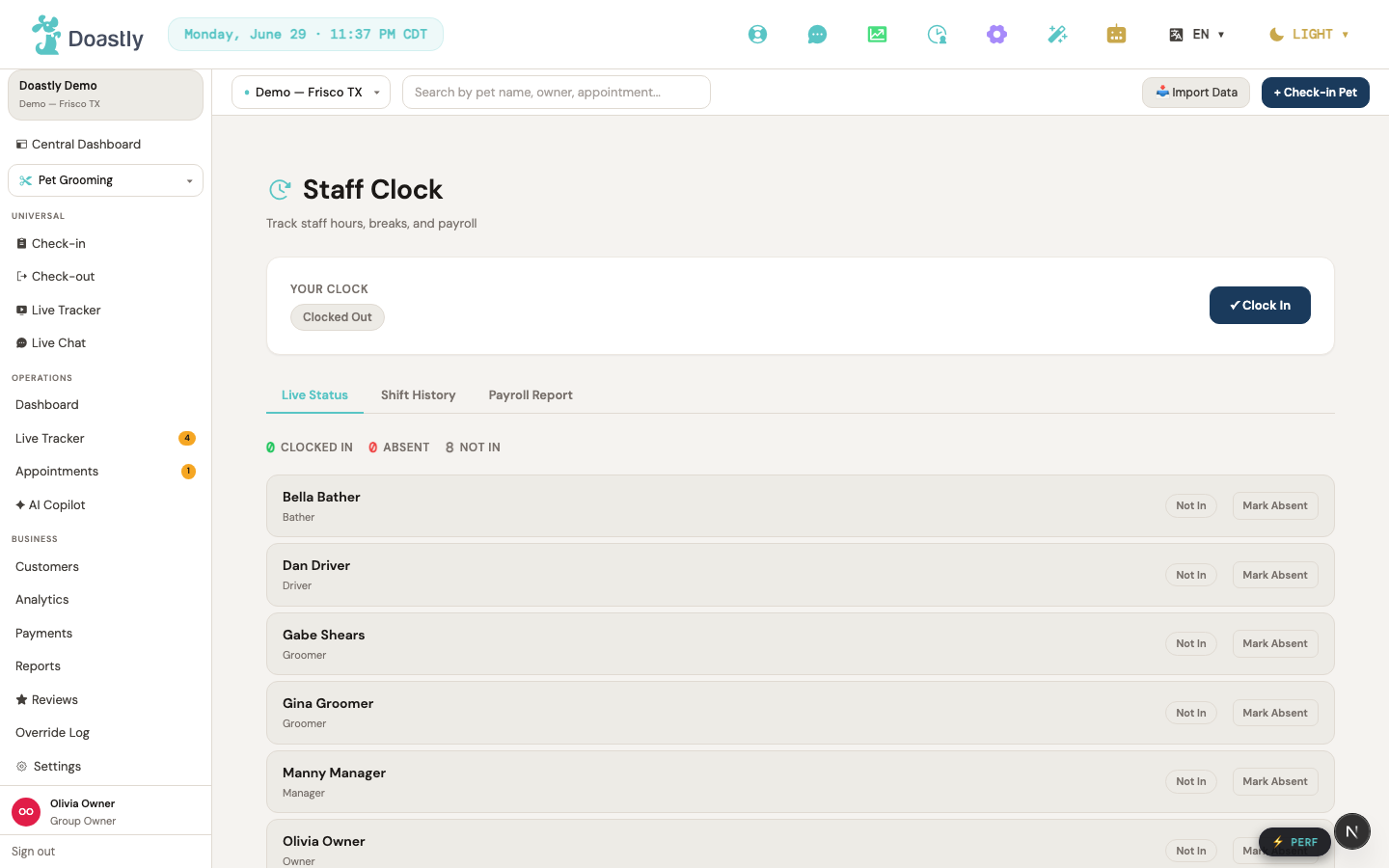 Staff and payroll — roles, pay setup, and the time clock