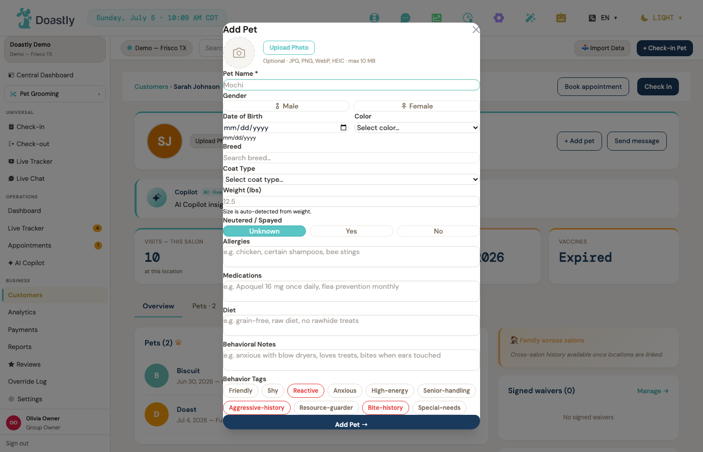 Building the pet's profile — breed, coat, and the handling notes that matter