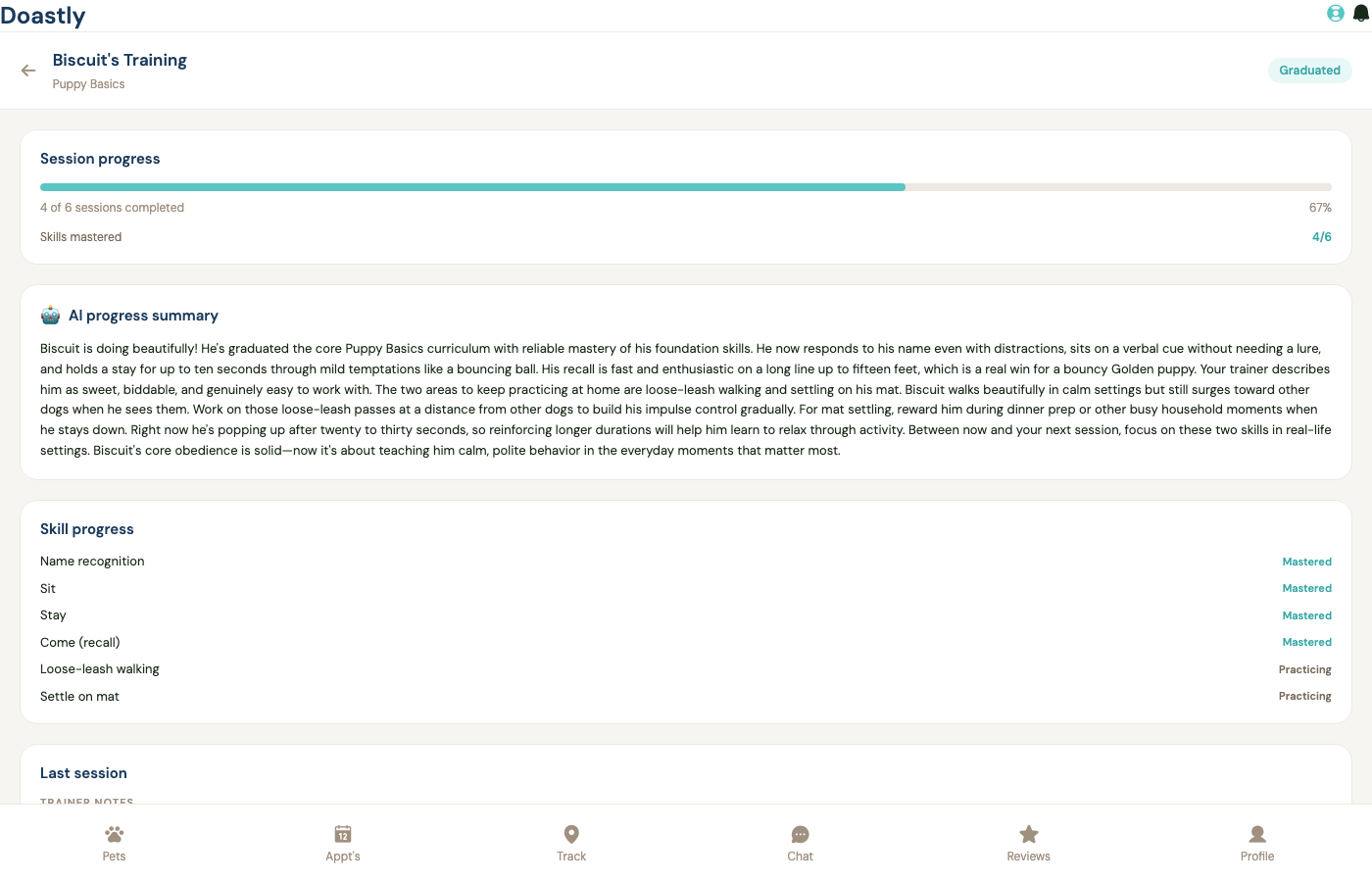 A training progress update — the AI narrative the family receives
