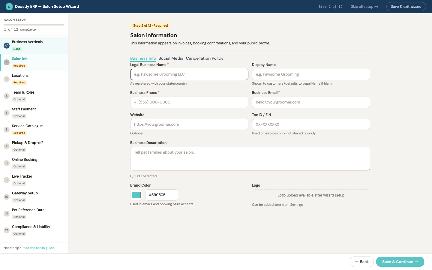 Setup Wizard — Step 1: Business Verticals