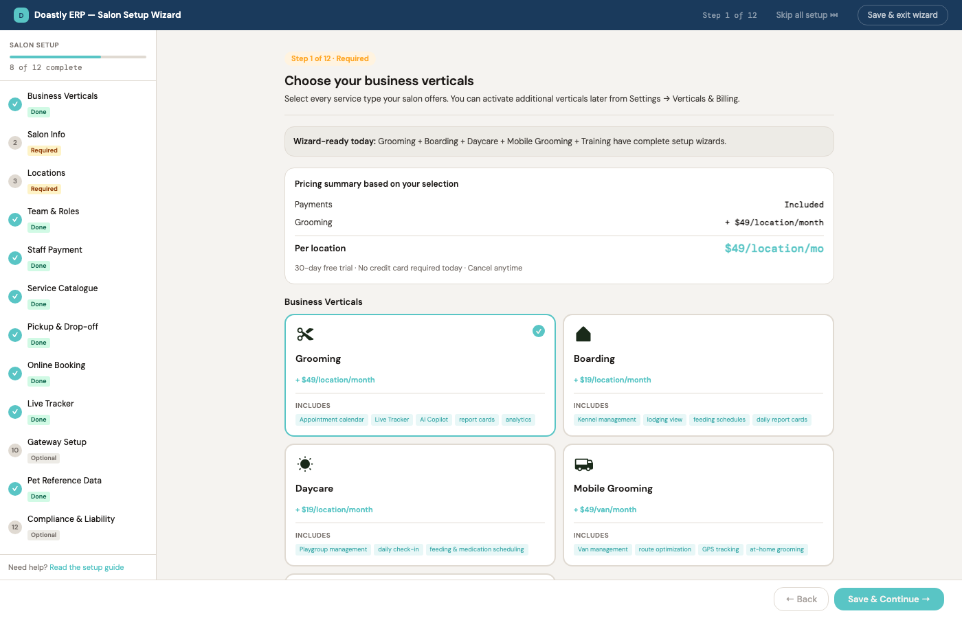 Step 1 — choosing the salon's business verticals with live pricing
