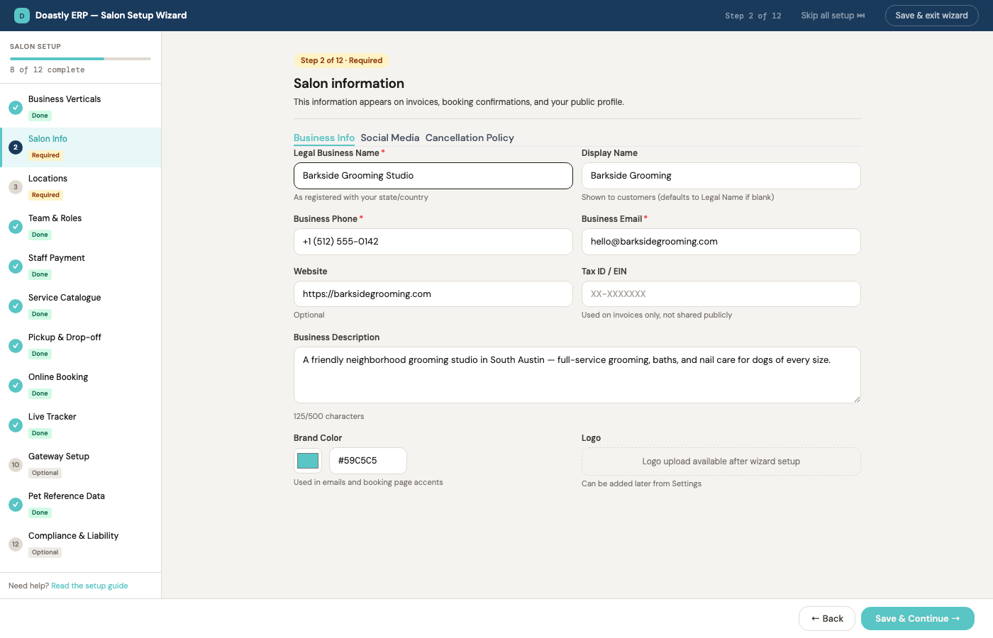 Step 2 — the salon's core details across Business, Social, and Cancellation tabs
