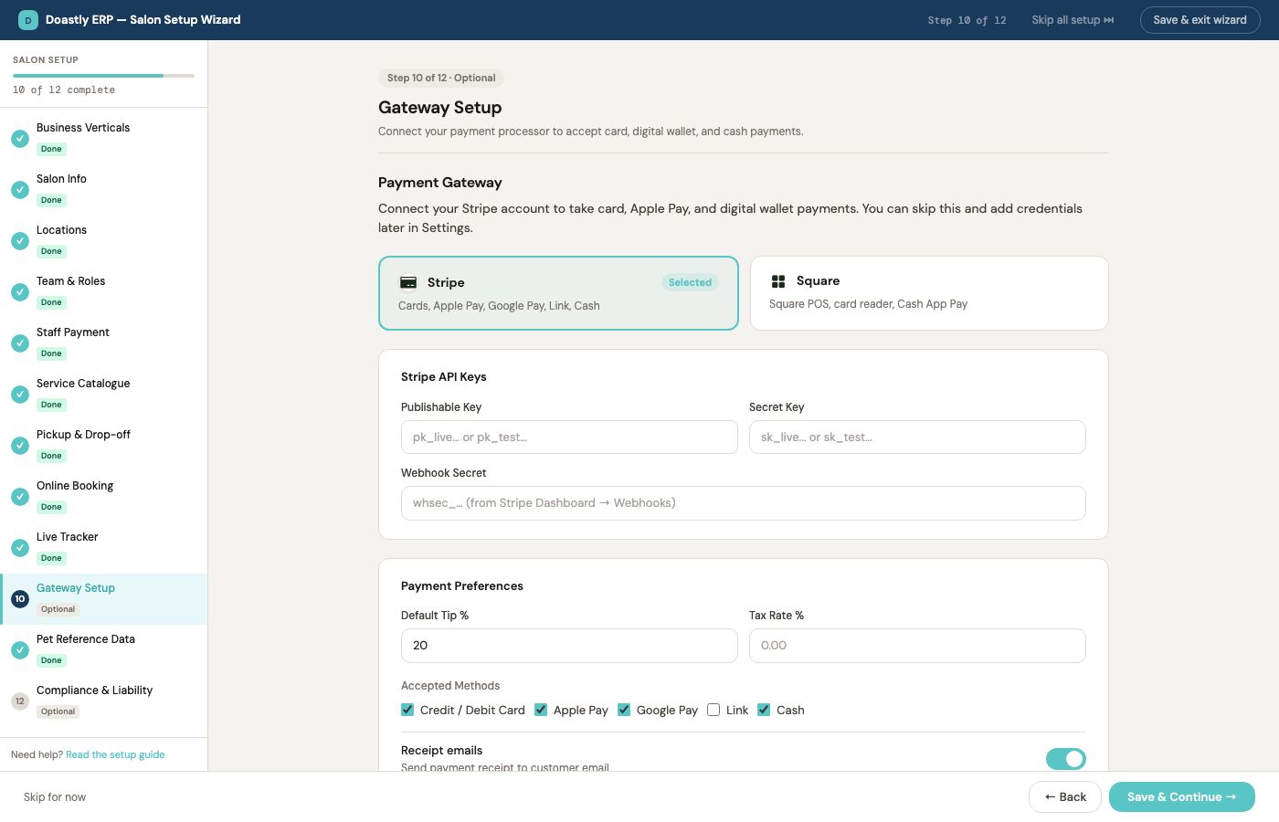 Step 10 — connecting the salon's own Stripe or Square account