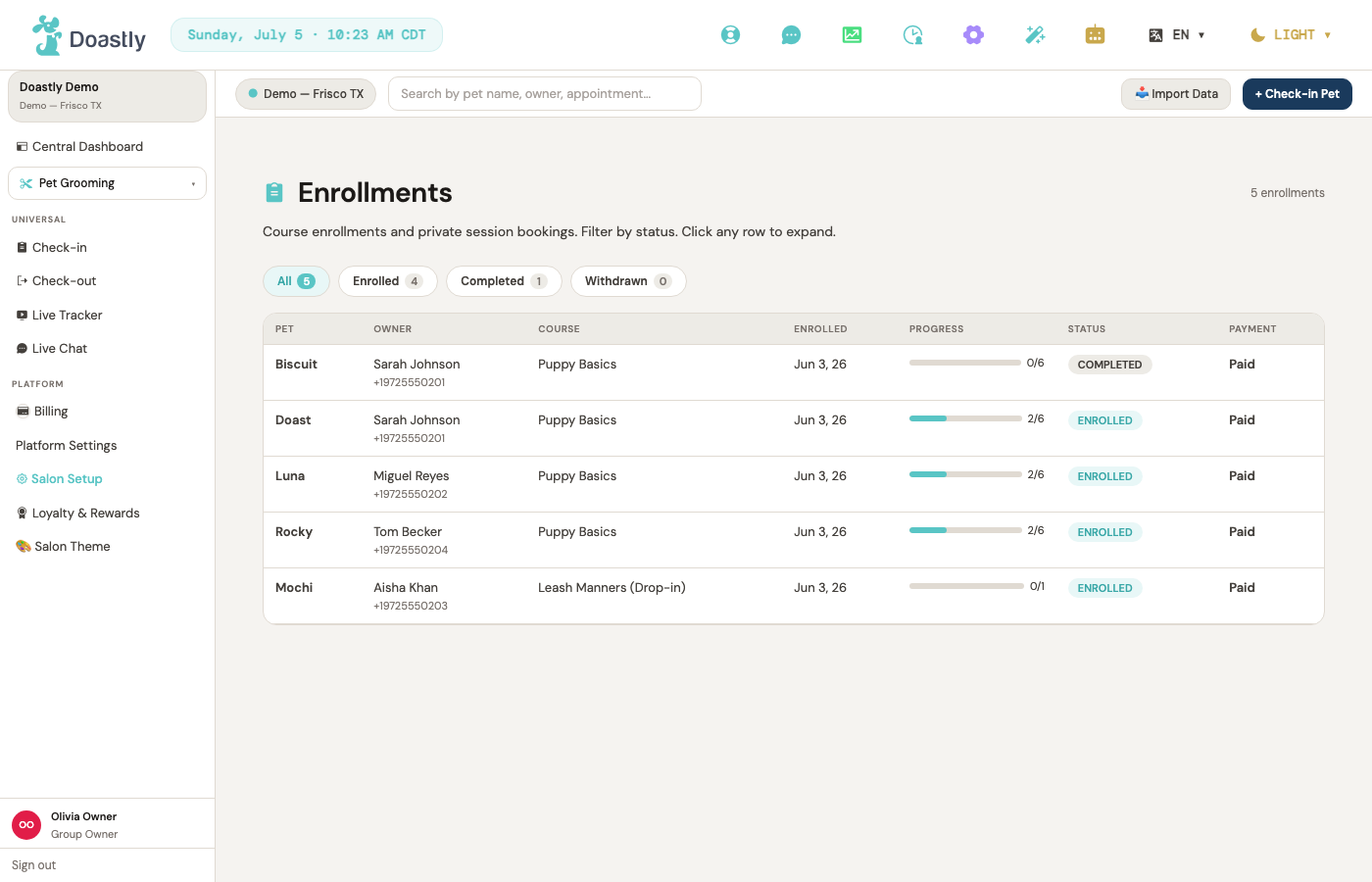 Training enrollments — pets, courses, and progress